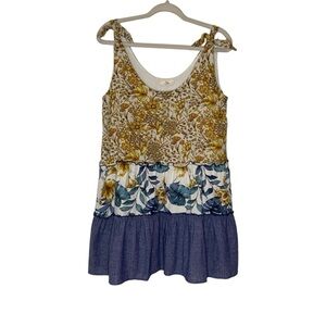 Hummingbird rayon/linen yellow & blue floral tiered boho tunic/dress. Size M